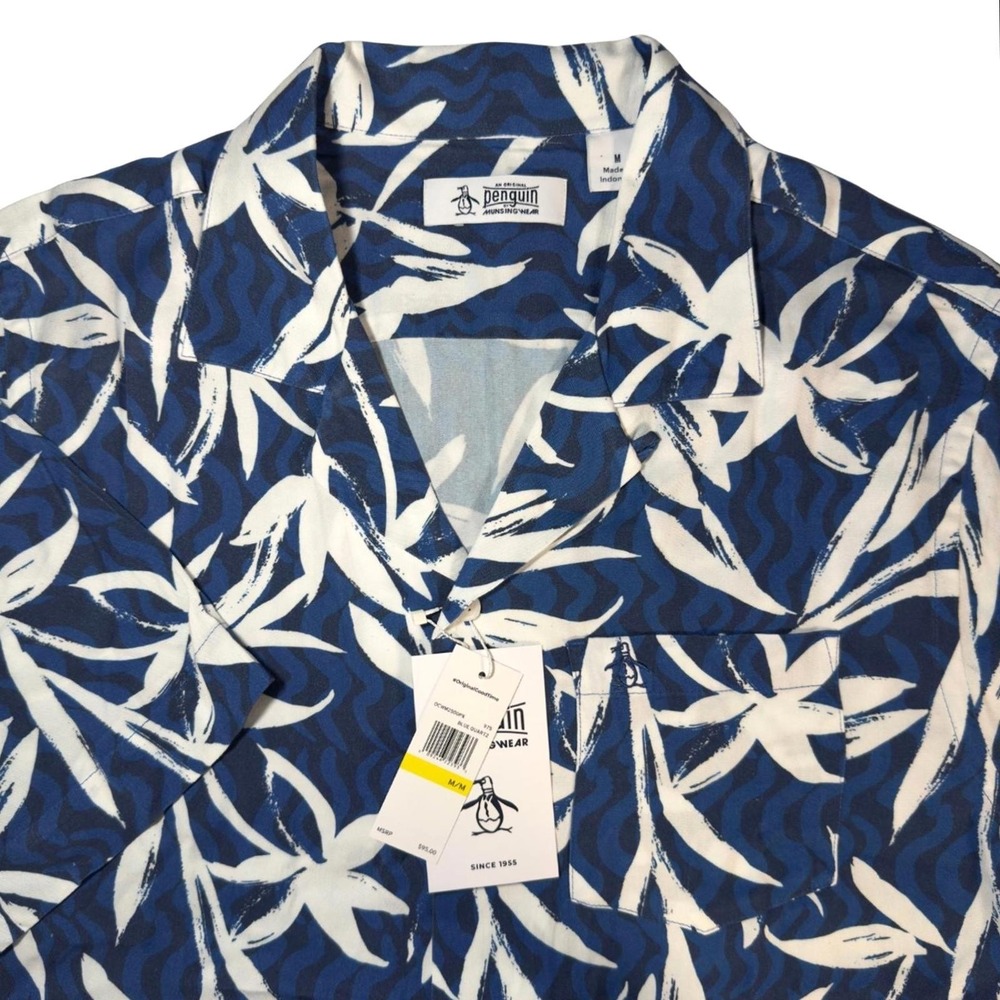 Original Penguin Mens Short Sleeve Button Up Shirt Navy Tropical Leaf Print M